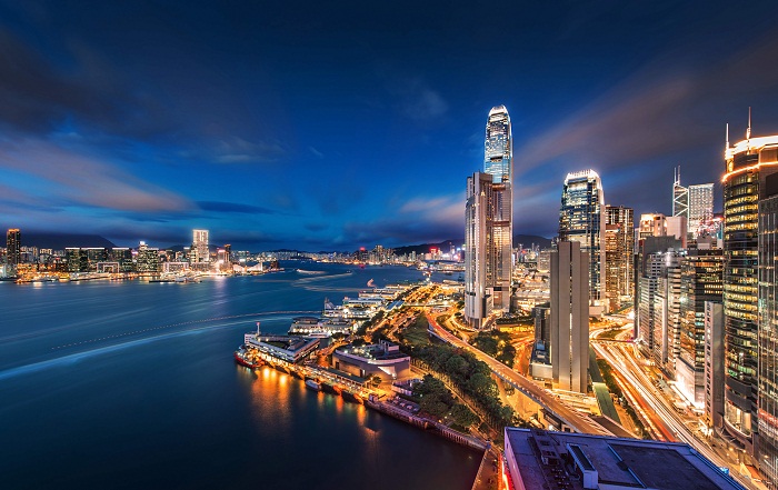 Night view of Hong Kong Victoria bay long exposure